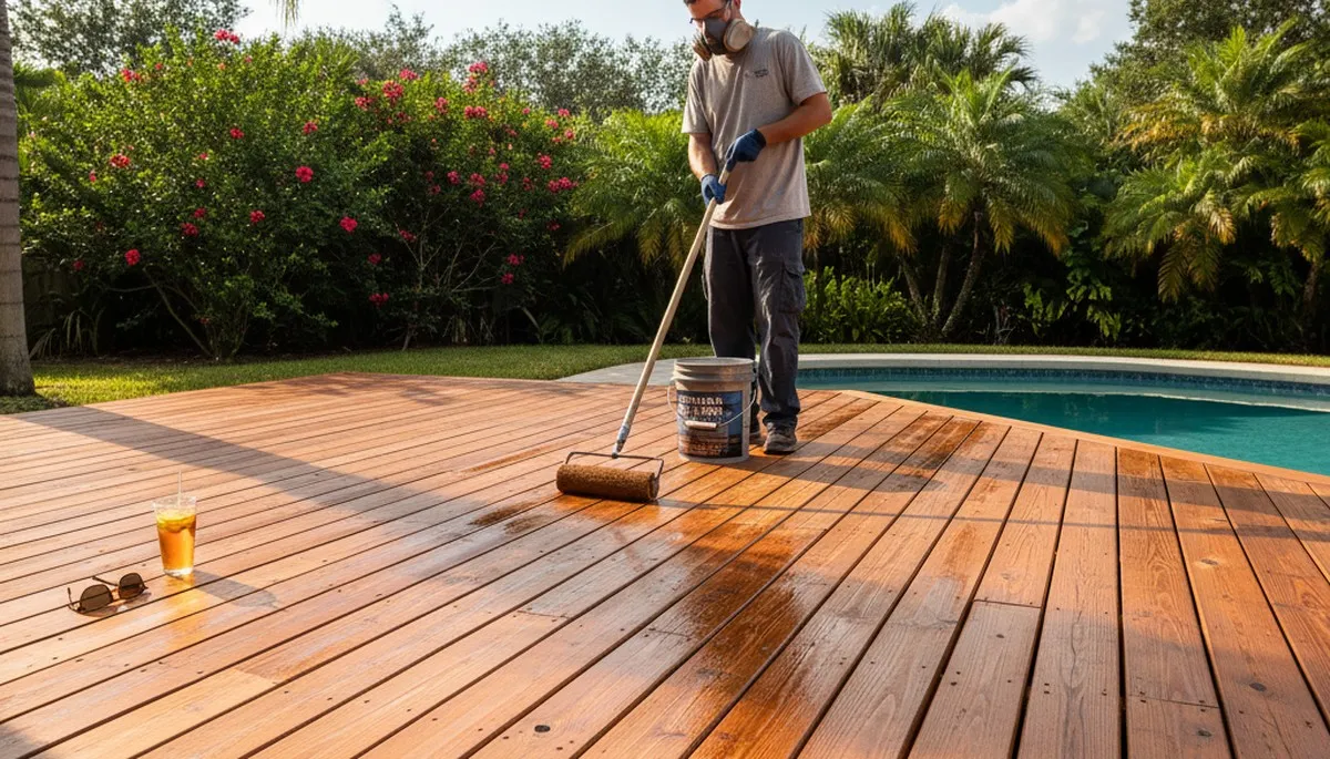 Professional deck staining in Orlando FL enhancing wood color and UV protection for outdoor patios