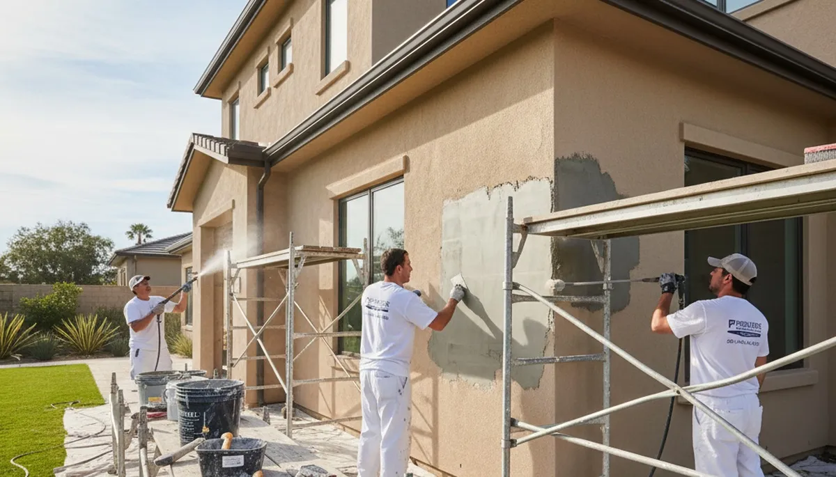 Professional stucco repair on Orlando FL home exterior by local house painting and restoration experts