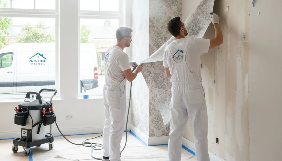 Professional wallpaper removal in Orlando FL home by local house painters preparing walls for paint